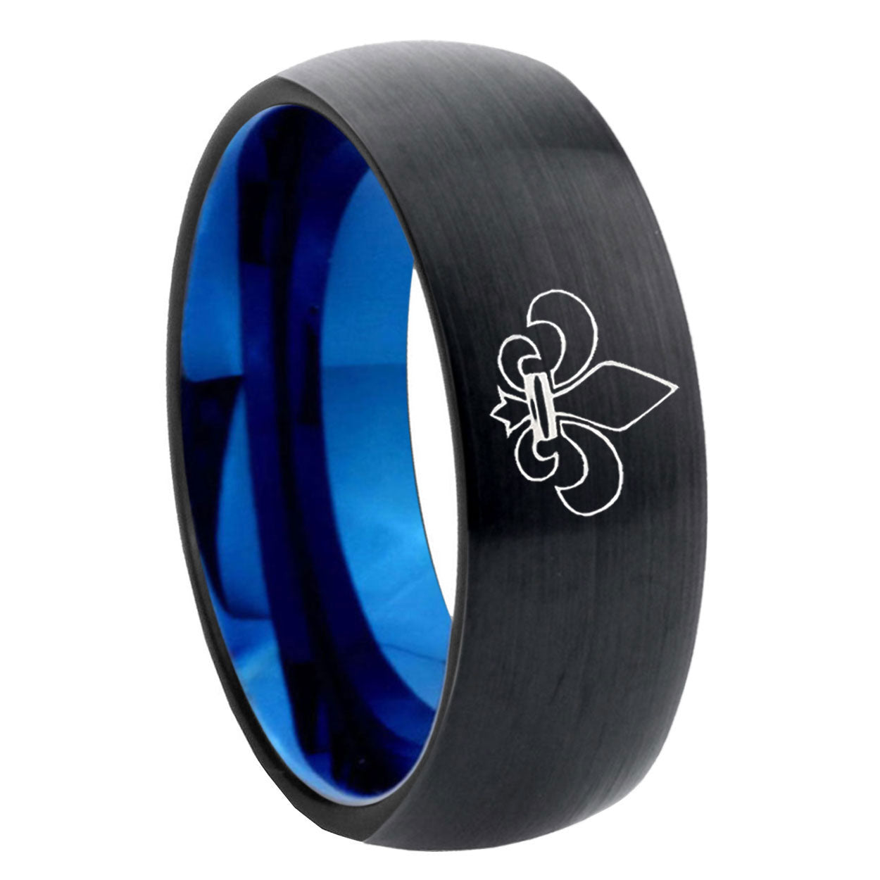 8mm Fleur-De-Lis Two-Tone Classic Dome Black Blue Tungsten Engraved Ring