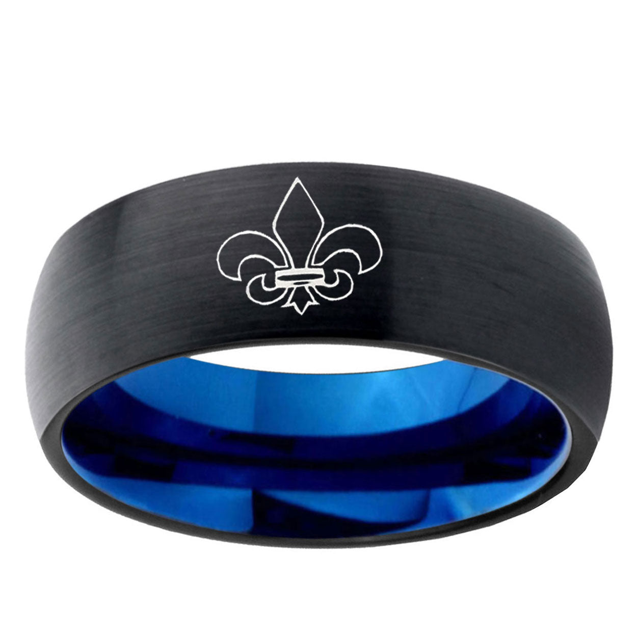 5mm Fleur-De-Lis Two-Tone Classic Dome Black Blue Tungsten Engraved Ring
