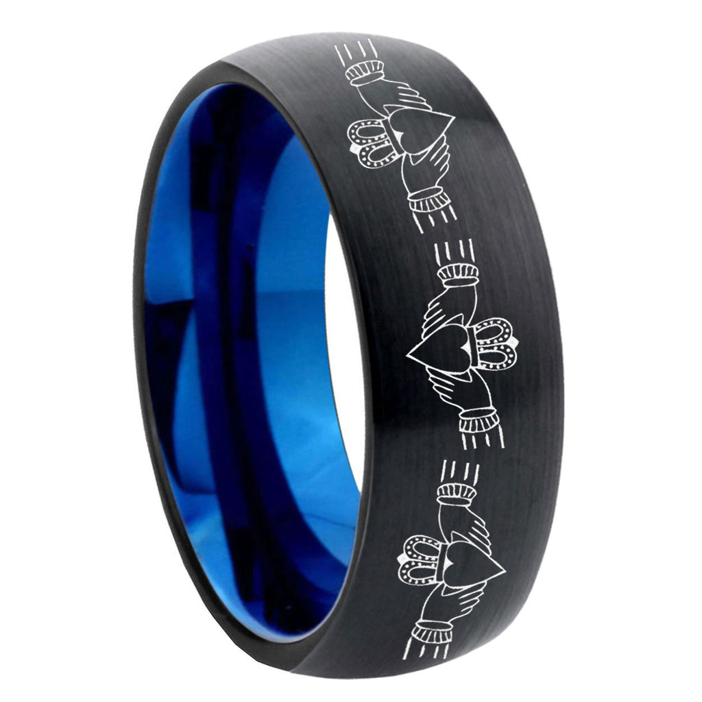 8mm Irish Claddagh Two-Tone Classic Dome Black Blue Tungsten Engraved Ring