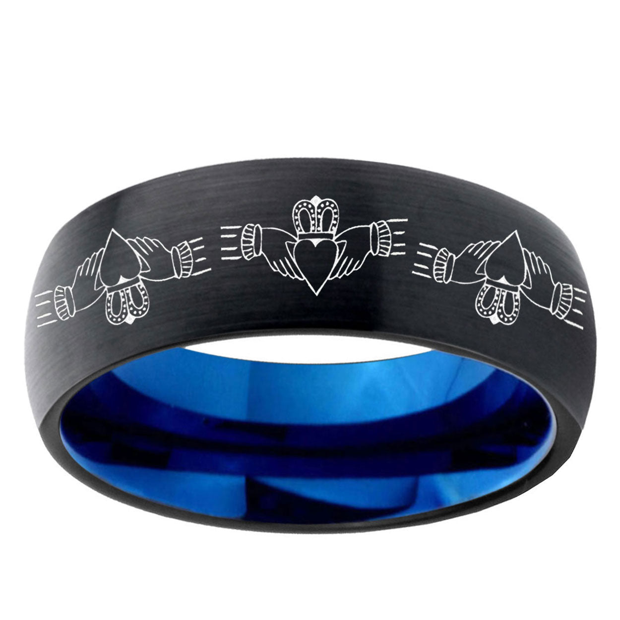 5mm Irish Claddagh Two-Tone Classic Dome Black Blue Tungsten Engraved Ring