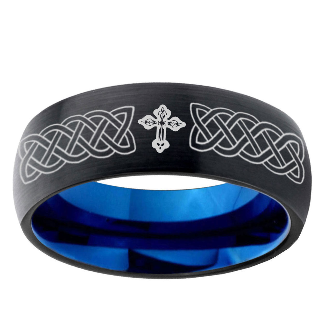 5mm Celtic Cross Two-Tone Classic Dome Black Blue Tungsten Engraved Ring
