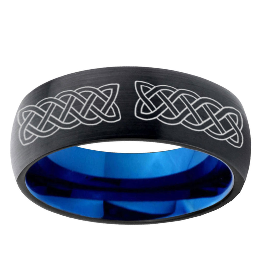 5mm Celtic knot Two-Tone Classic Dome Black Blue Tungsten Engraved Ring