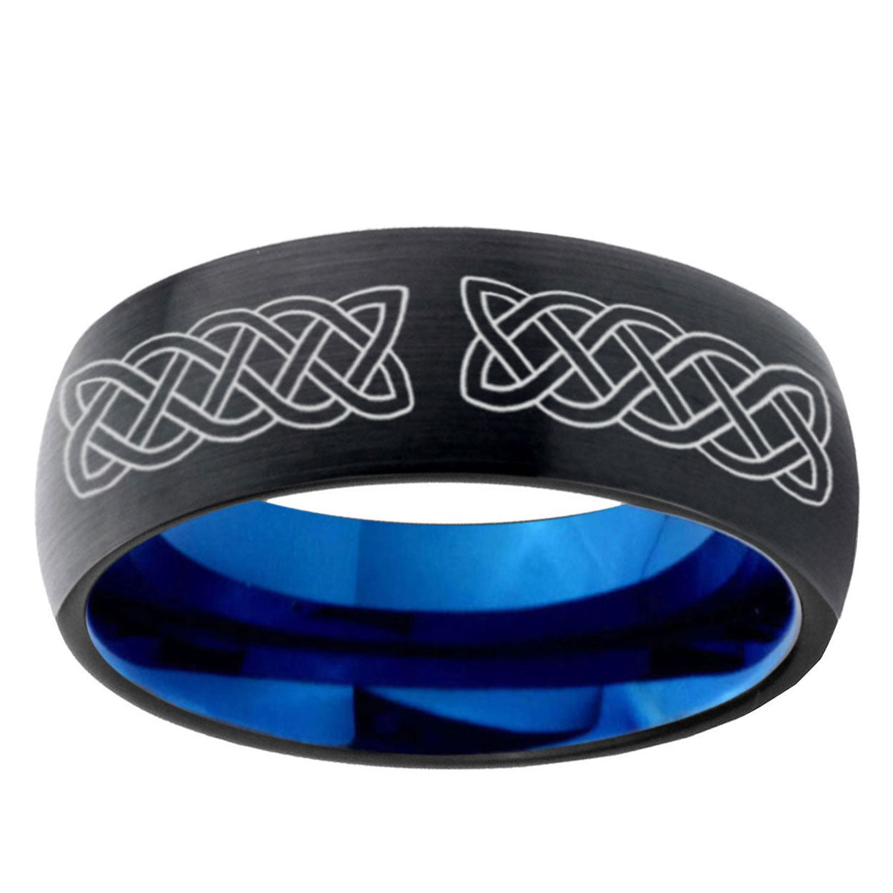 5mm Celtic knot Two-Tone Classic Dome Black Blue Tungsten Engraved Ring