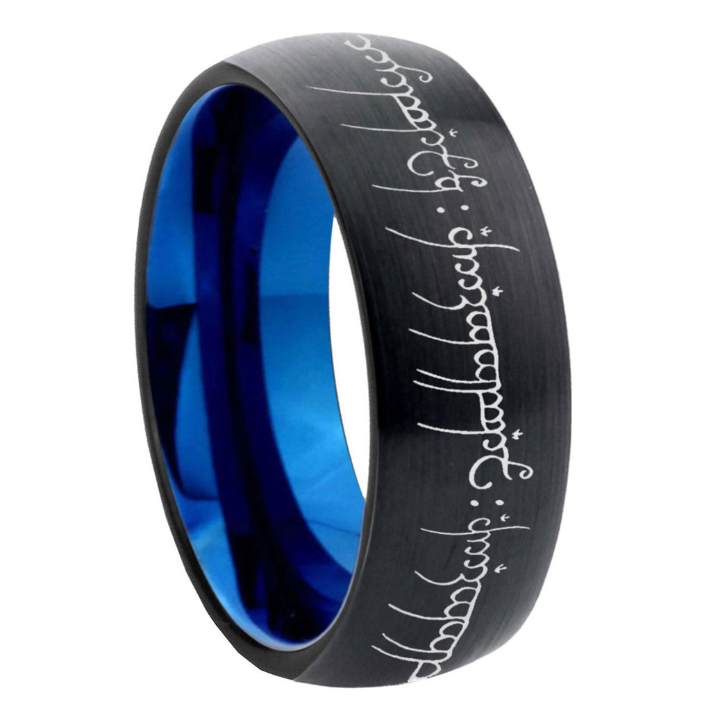 8mm Lord Of The Rings Two-Tone Classic Dome Black Blue Tungsten Engraved Ring