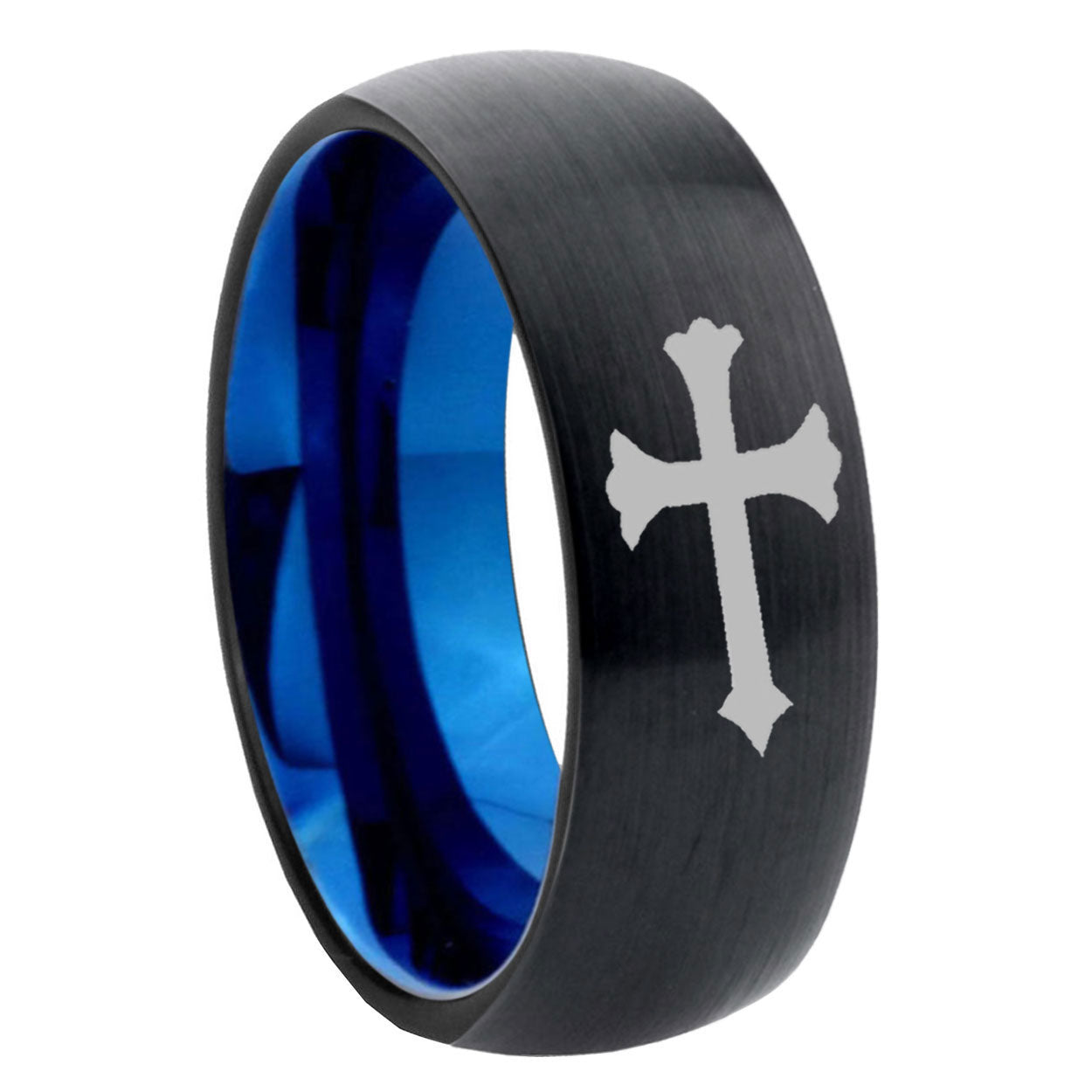 8mm Christian Cross Two-Tone Classic Dome Black Blue Tungsten Engraved Ring