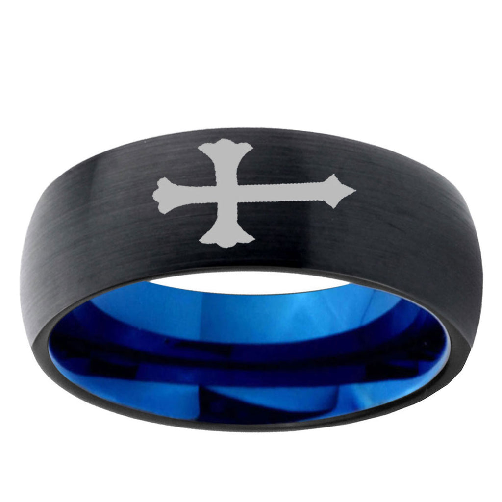 5mm Christian Cross Two-Tone Classic Dome Black Blue Tungsten Engraved Ring
