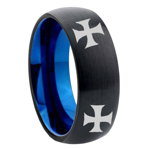 8mm 4 Maltese Cross Two-Tone Classic Dome Black Blue Tungsten Engraved Ring