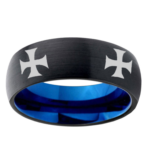 5mm 4 Maltese Cross Two-Tone Classic Dome Black Blue Tungsten Engraved Ring