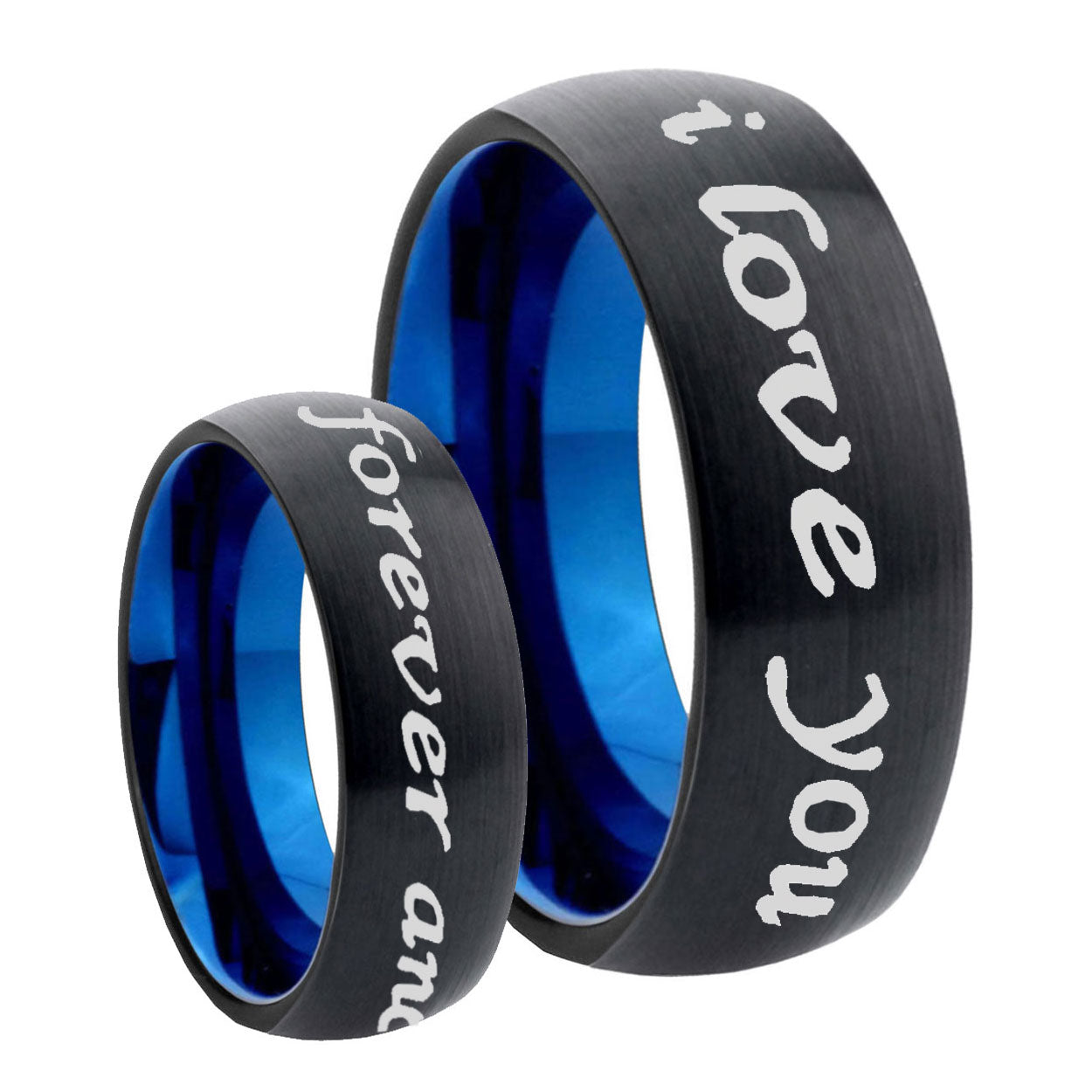 8mm I Love You Forever and ever Two-Tone Classic Dome Black Blue Tungsten Engraved Ring