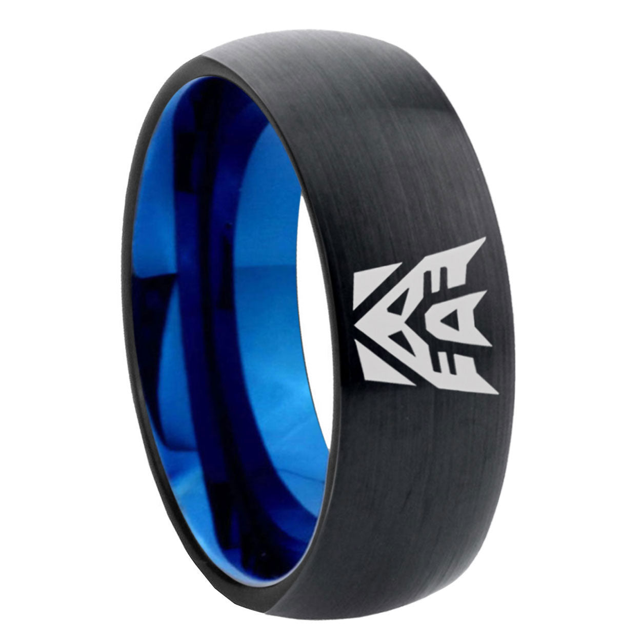 8mm Decepticon Transformers Two-Tone Classic Dome Black Blue Tungsten Engraved Ring