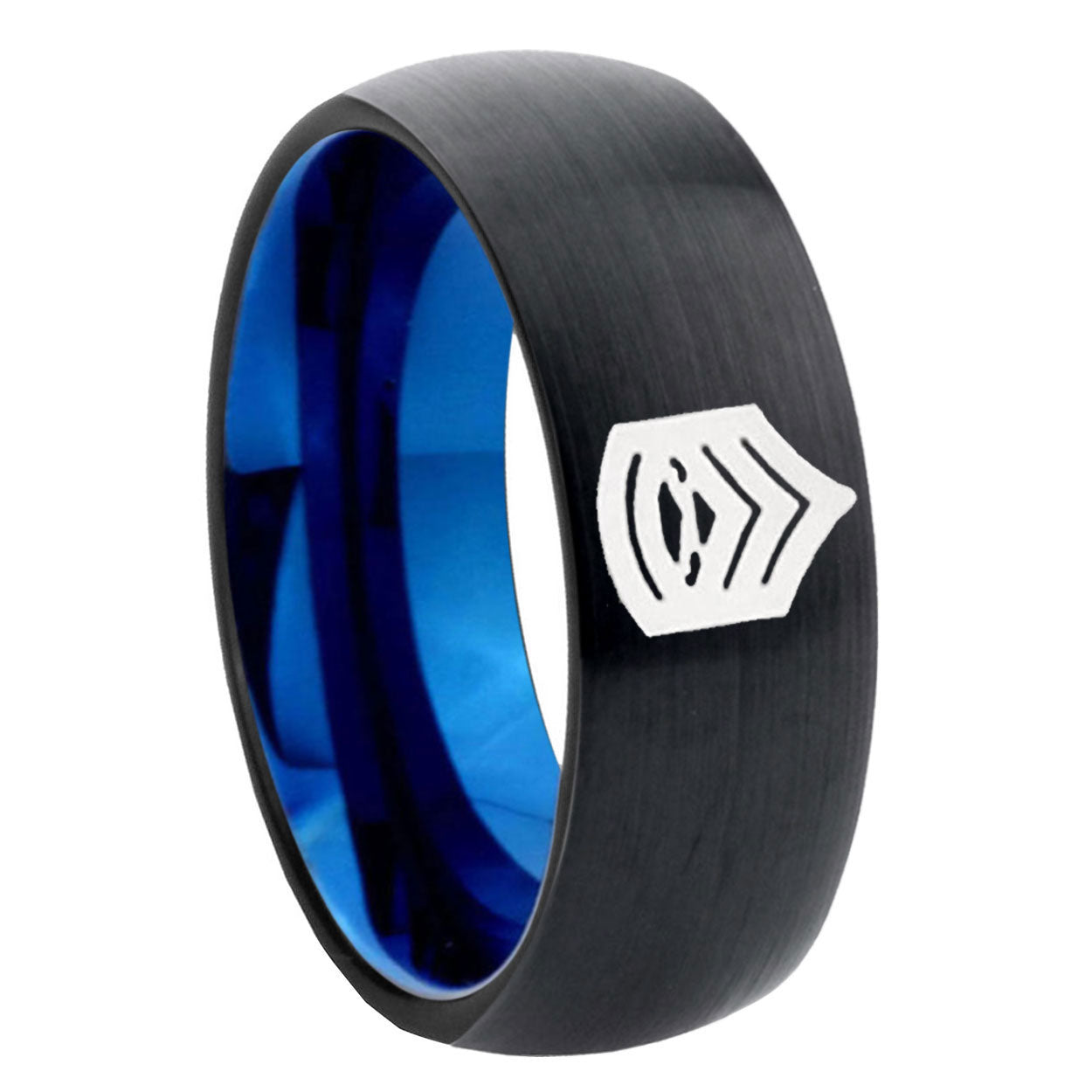8mm Arami Sergeant Major Two-Tone Classic Dome Black Blue Tungsten Engraved Ring