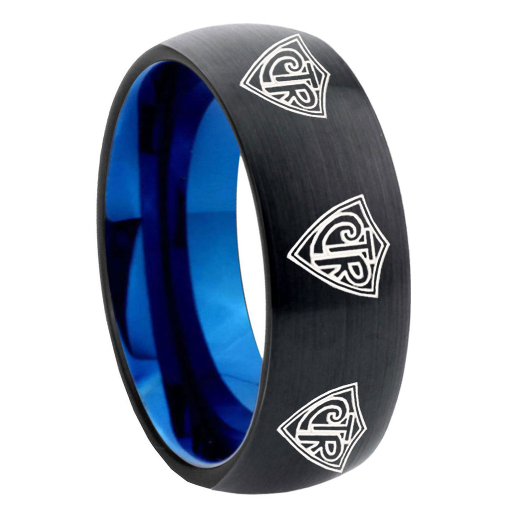 8mm Multiple CTR Two-Tone Classic Dome Black Blue Tungsten Engraved Ring