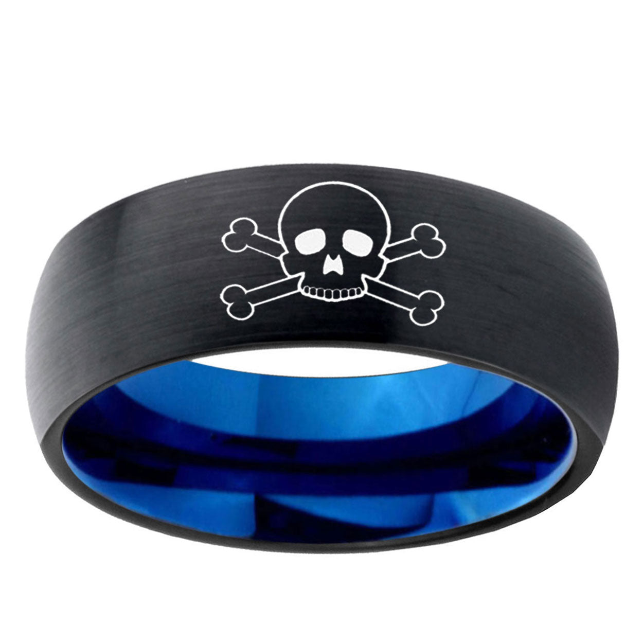5mm Skull Two-Tone Classic Dome Black Blue Tungsten Engraved Ring