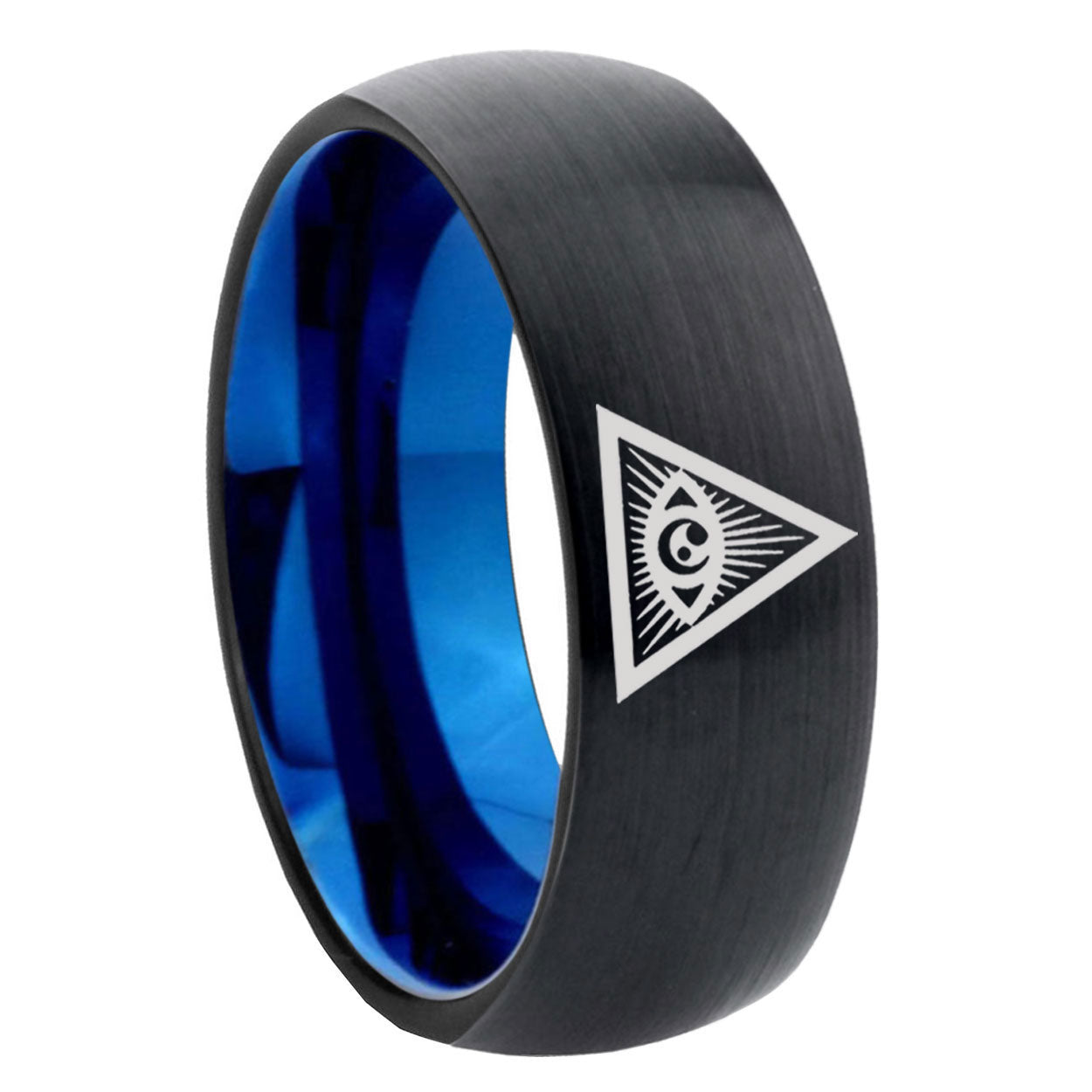8mm Seeing Eye Two-Tone Classic Dome Black Blue Tungsten Engraved Ring