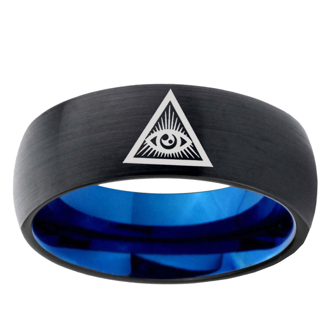 5mm Seeing Eye Two-Tone Classic Dome Black Blue Tungsten Engraved Ring