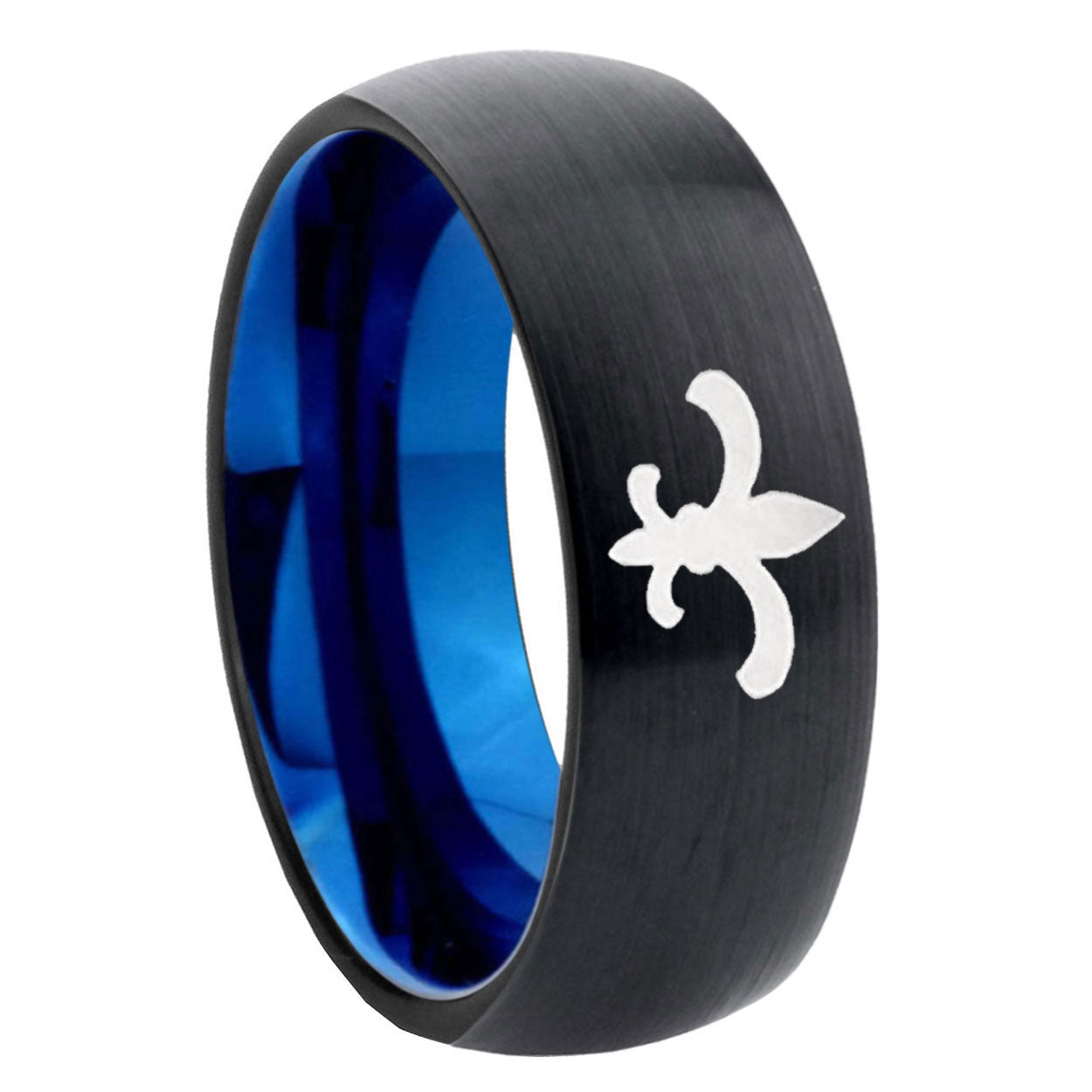 8mm Fleur-De-Lis Two-Tone Classic Dome Black Blue Tungsten Engraved Ring