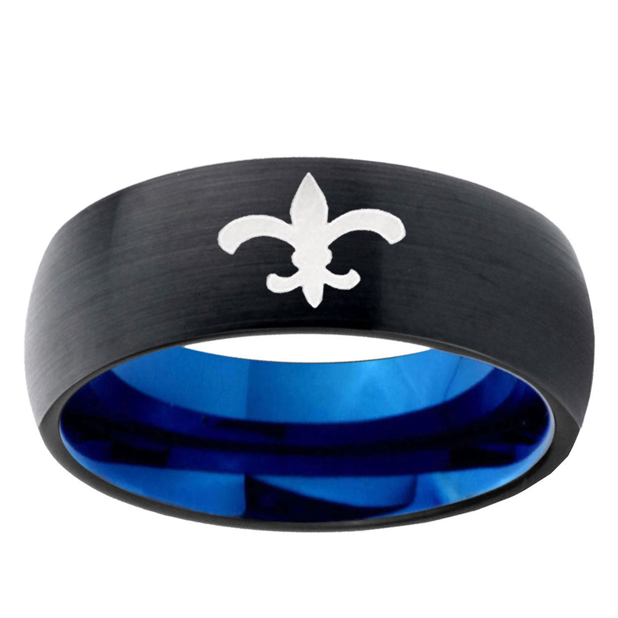 5mm Fleur-De-Lis Two-Tone Classic Dome Black Blue Tungsten Engraved Ring