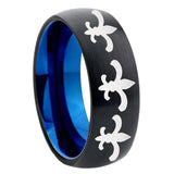 8mm Multiple Fleur-De-Lis Dome Black And Blue Tungsten Carbide Mens Wedding Band