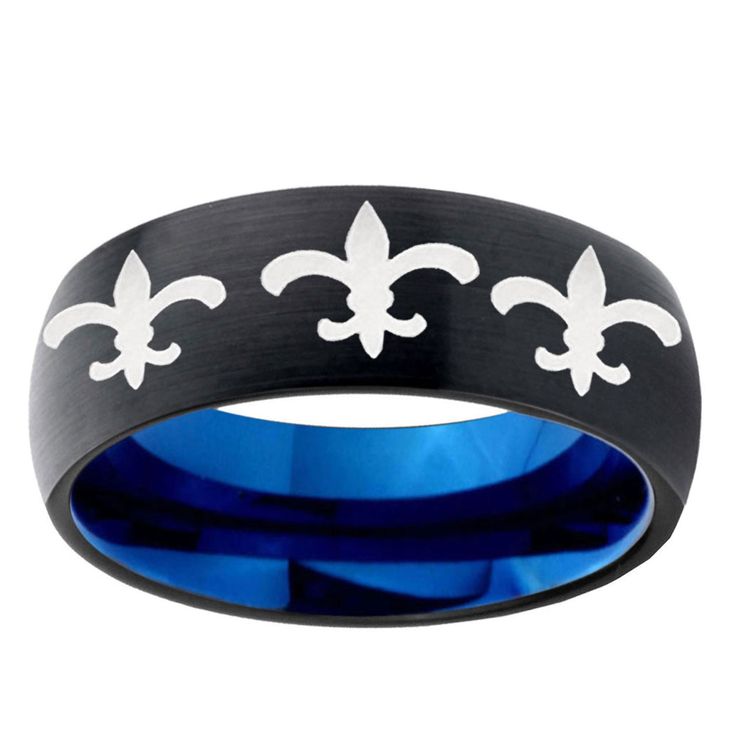 5mm Multi Fleur-De-Lis Two-Tone Classic Dome Black Blue Tungsten Engraved Ring