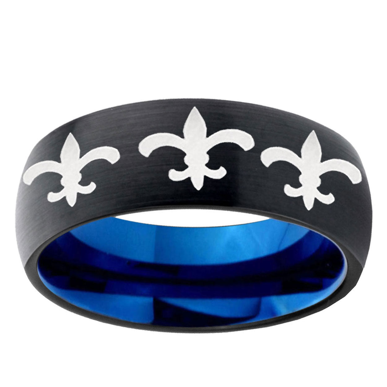 5mm Multi Fleur-De-Lis Two-Tone Classic Dome Black Blue Tungsten Engraved Ring