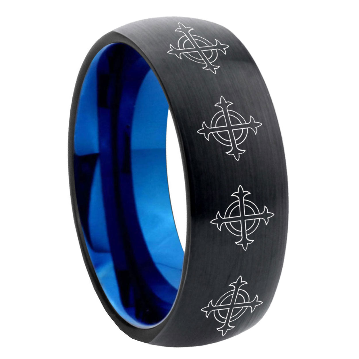 8mm Multiple Crosses Two-Tone Classic Dome Black Blue Tungsten Engraved Ring