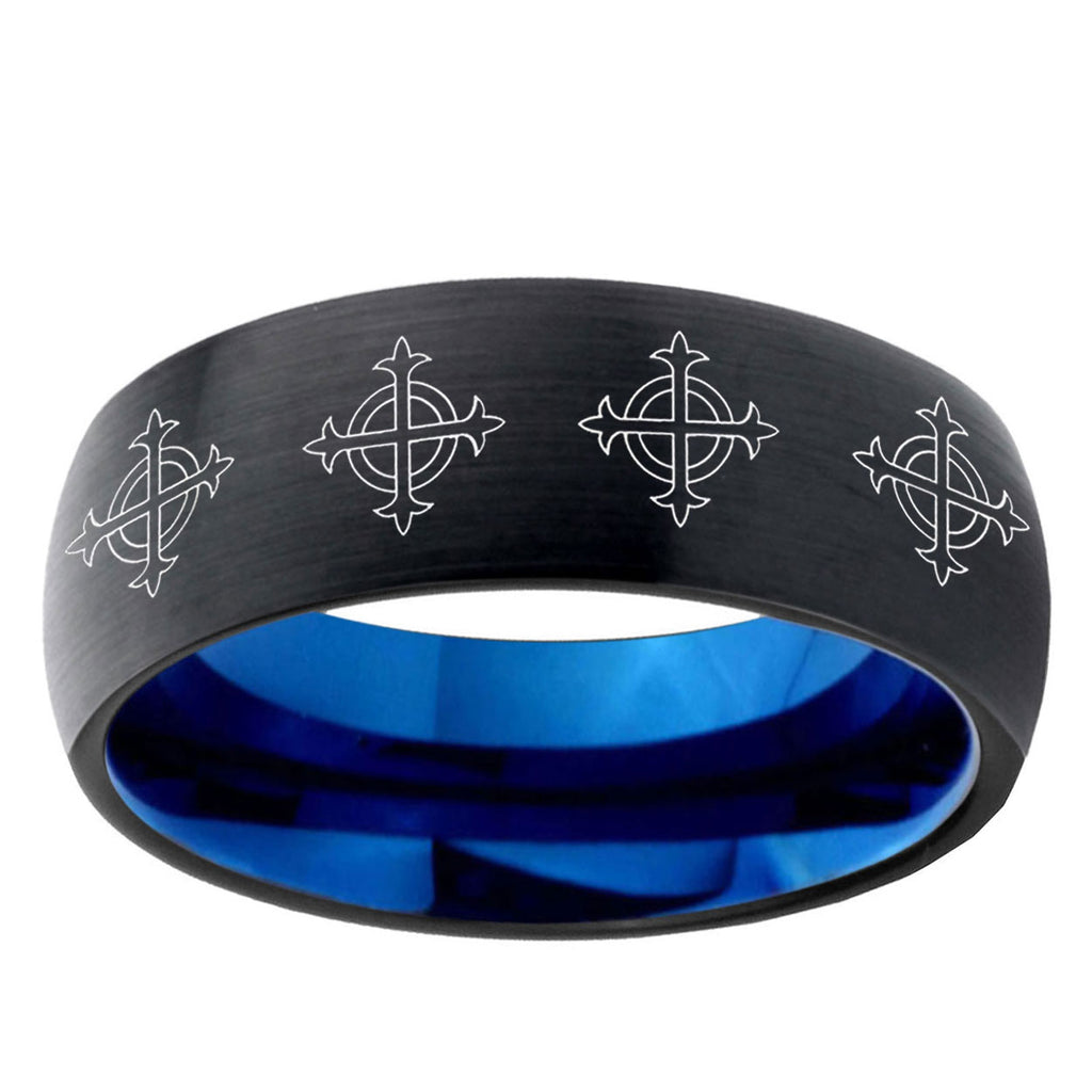 5mm Multiple Crosses Two-Tone Classic Dome Black Blue Tungsten Engraved Ring