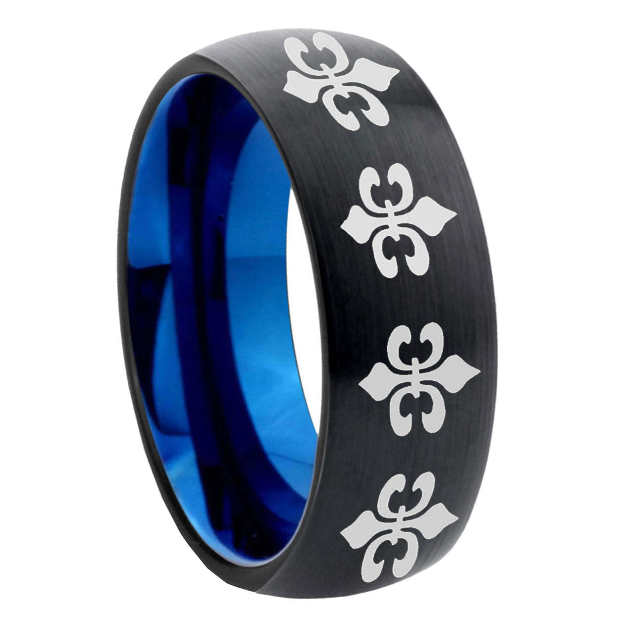 8mm Multi Fleur Delis Two-Tone Classic Dome Black Blue Tungsten Engraved Ring