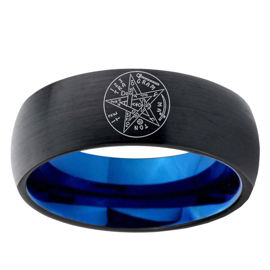 5mm Tetragrammaton Spiritual Two-Tone Classic Dome Black Blue Tungsten Engraved Ring