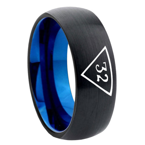 8mm 32 Masonic Triangle Two-Tone Classic Dome Black Blue Tungsten Engraved Ring