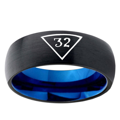 5mm 32 Masonic Triangle Two-Tone Classic Dome Black Blue Tungsten Engraved Ring