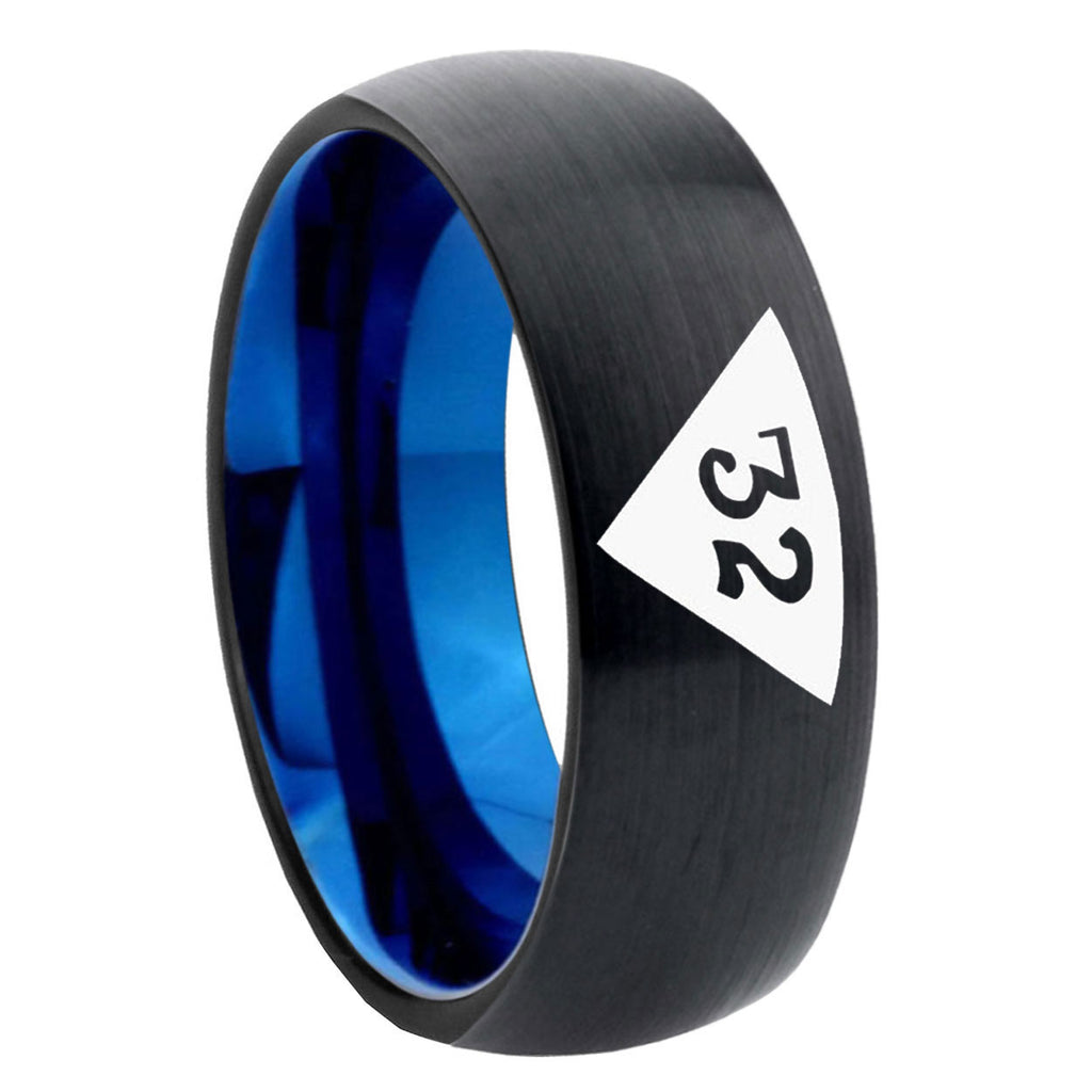 8mm Masonic 32 Triangle Two-Tone Classic Dome Black Blue Tungsten Engraved Ring
