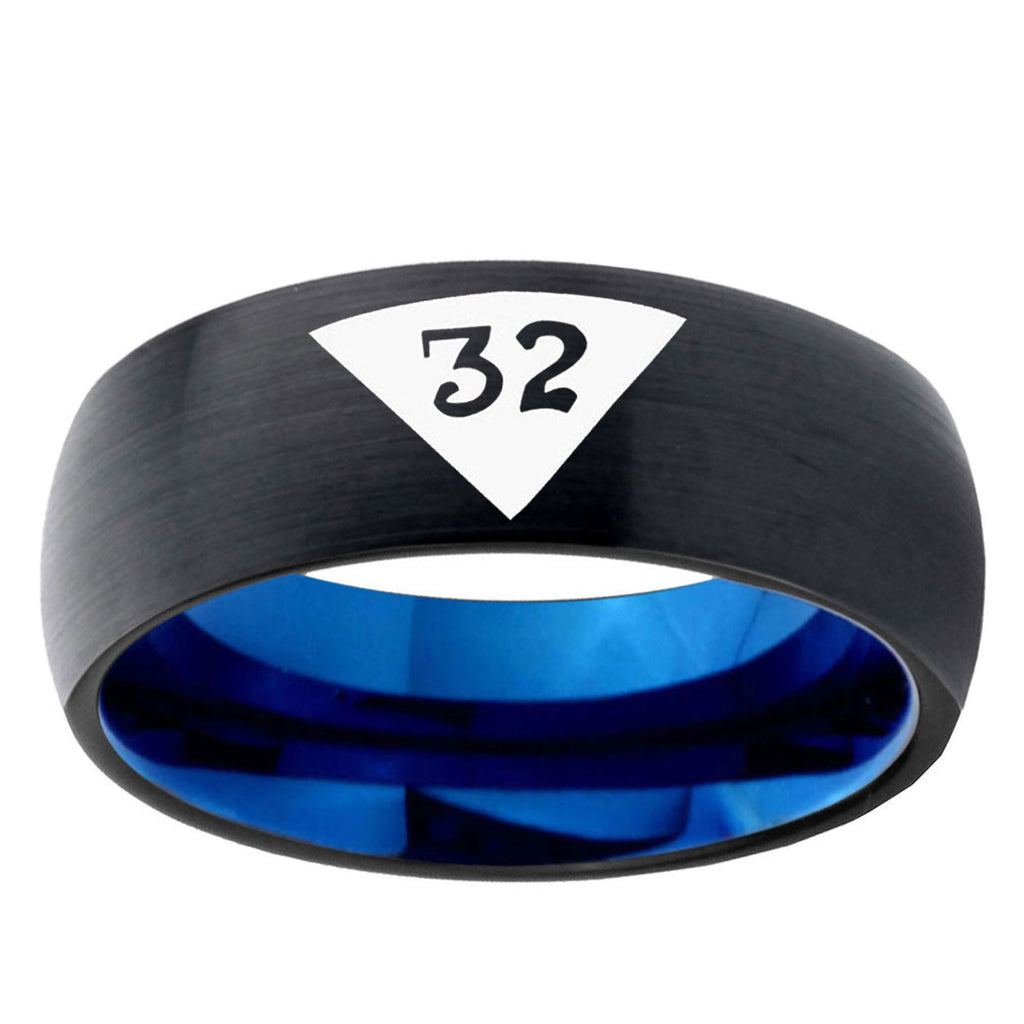 5mm Masonic 32 Triangle Two-Tone Classic Dome Black Blue Tungsten Engraved Ring