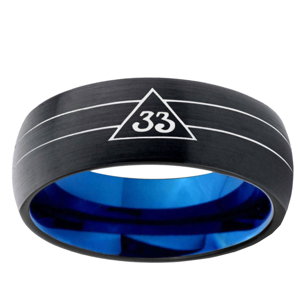 5mm Masonic 32 Duo Line Two-Tone Classic Dome Black Blue Tungsten Engraved Ring