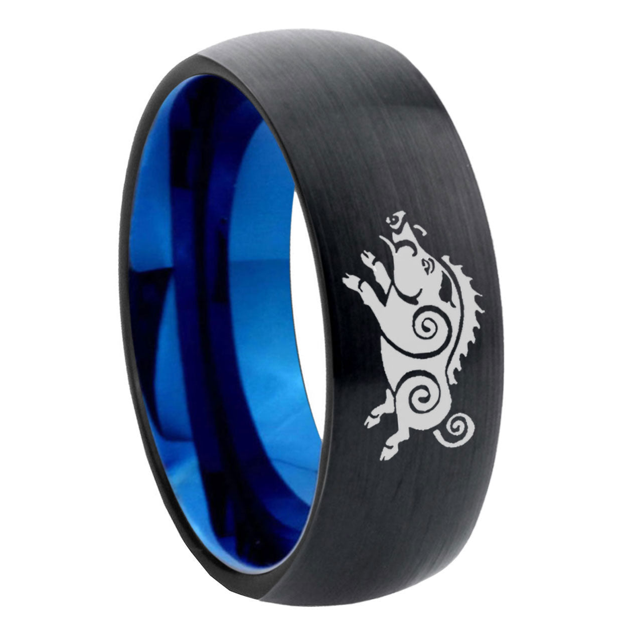 8mm Wild Boar Two-Tone Classic Dome Black Blue Tungsten Engraved Ring
