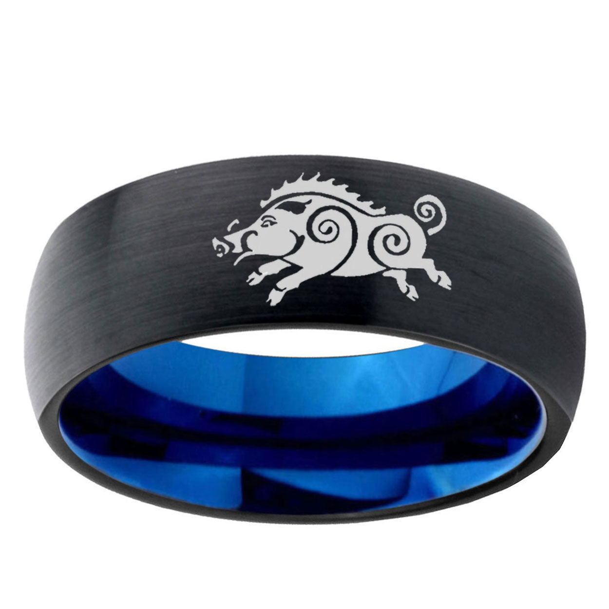 5mm Wild Boar Two-Tone Classic Dome Black Blue Tungsten Engraved Ring