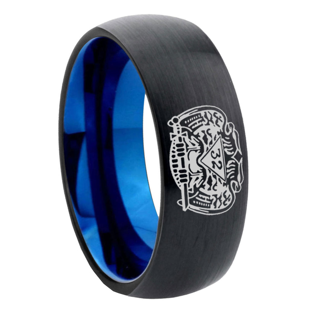 8mm 32 Degree Freemason Two-Tone Classic Dome Black Blue Tungsten Engraved Ring