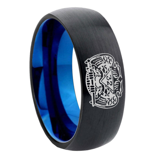 8mm 32 Degree Freemason Two-Tone Classic Dome Black Blue Tungsten Engraved Ring
