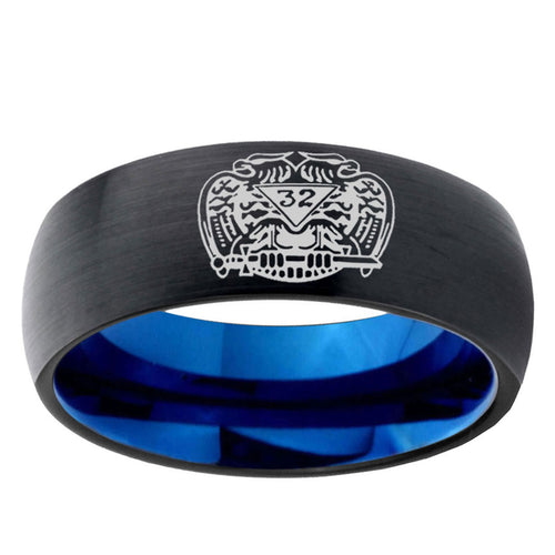 5mm 32 Degree Freemason Two-Tone Classic Dome Black Blue Tungsten Engraved Ring