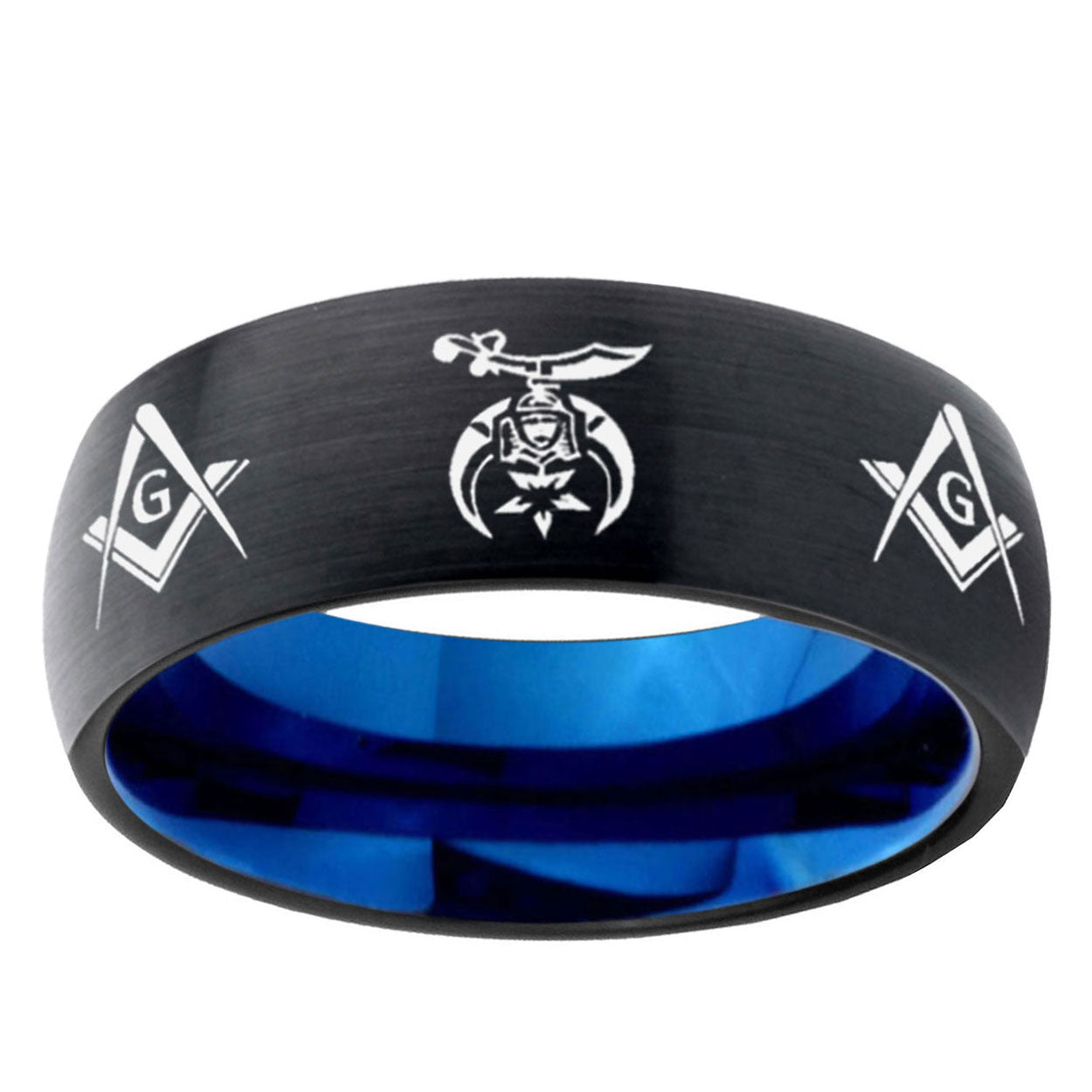 5mm Masonic Shriners Two-Tone Classic Dome Black Blue Tungsten Engraved Ring