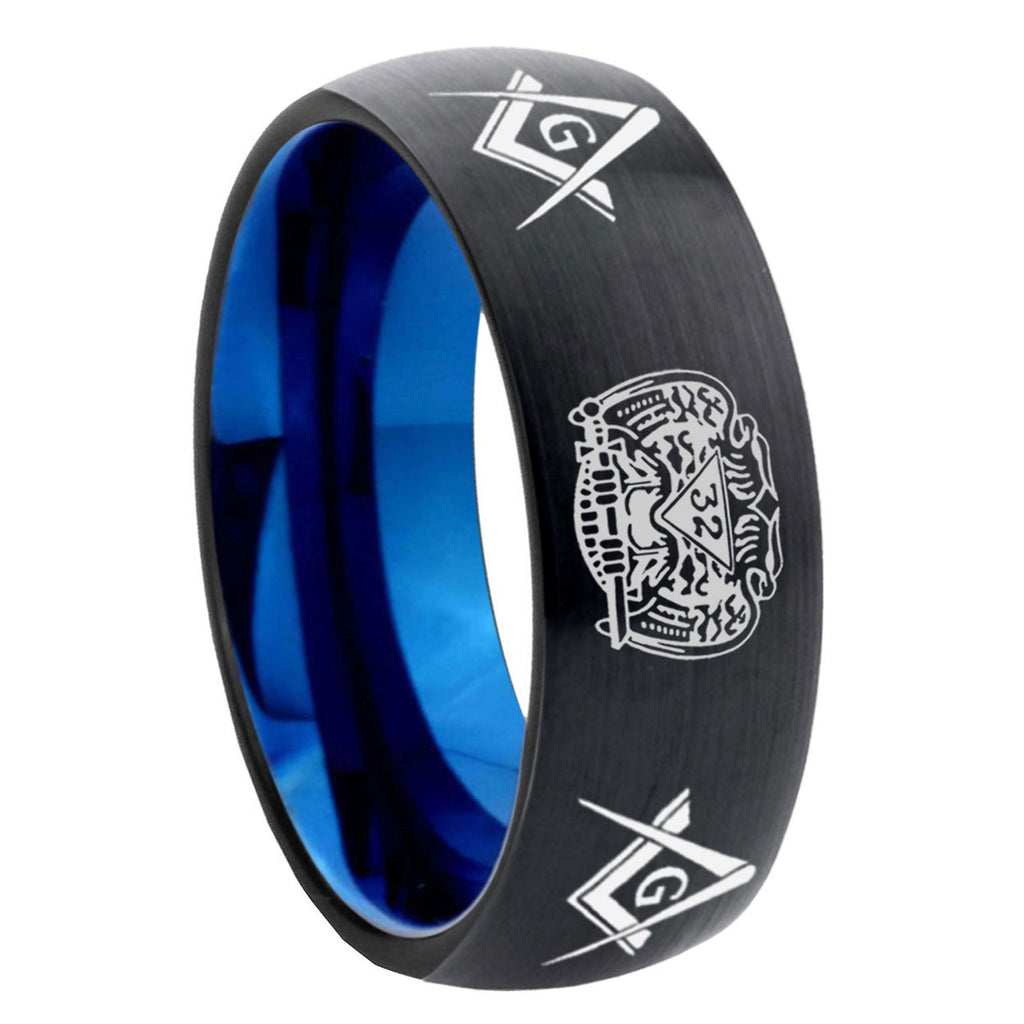 8mm Masonic 32 Design Two-Tone Classic Dome Black Blue Tungsten Engraved Ring