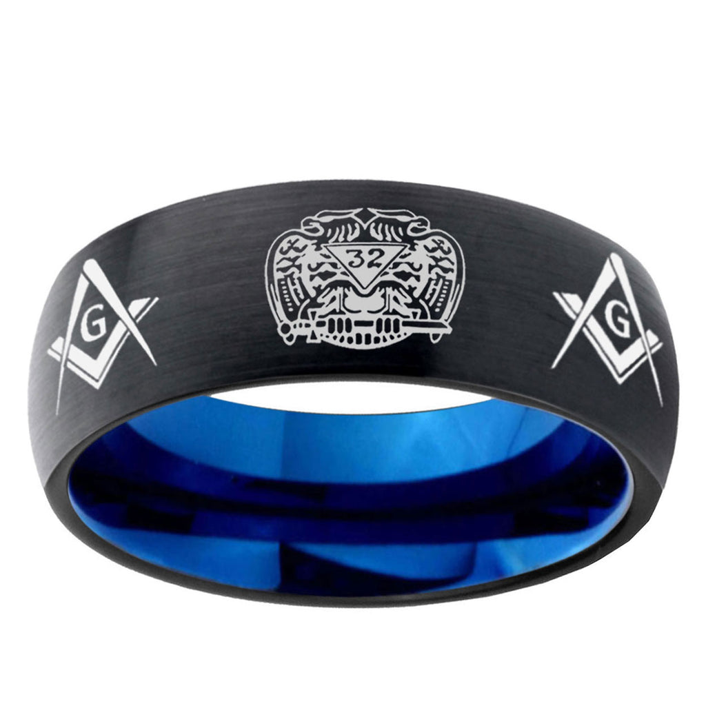 5mm Masonic 32 Design Two-Tone Classic Dome Black Blue Tungsten Engraved Ring
