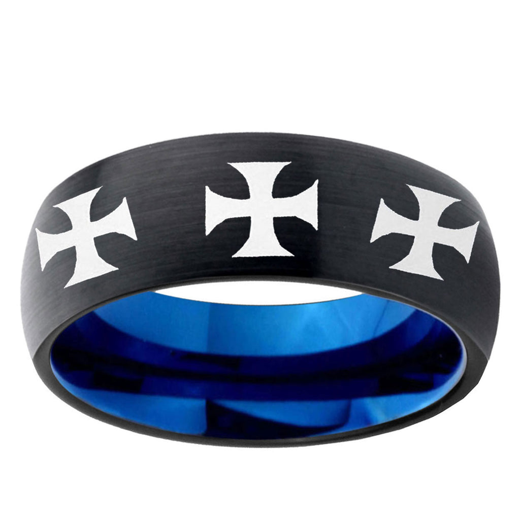 5mm Multi Maltese Cross Two-Tone Classic Dome Black Blue Tungsten Engraved Ring