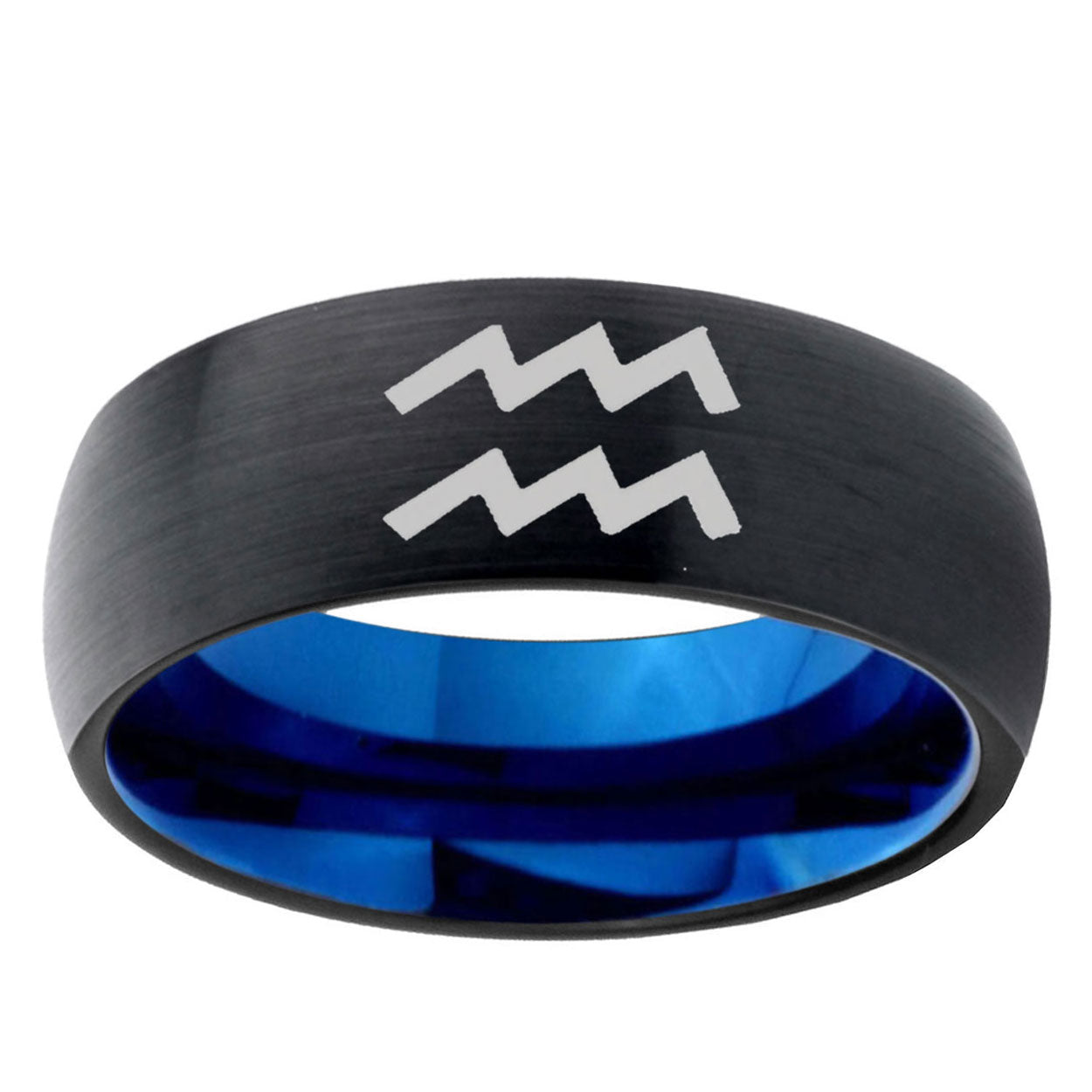 5mm Aquarius Horoscope Two-Tone Classic Dome Black Blue Tungsten Engraved Ring