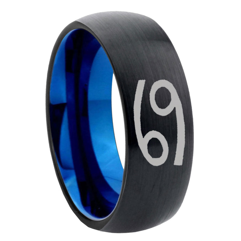 8mm Cancer Horoscope Two-Tone Classic Dome Black Blue Tungsten Engraved Ring