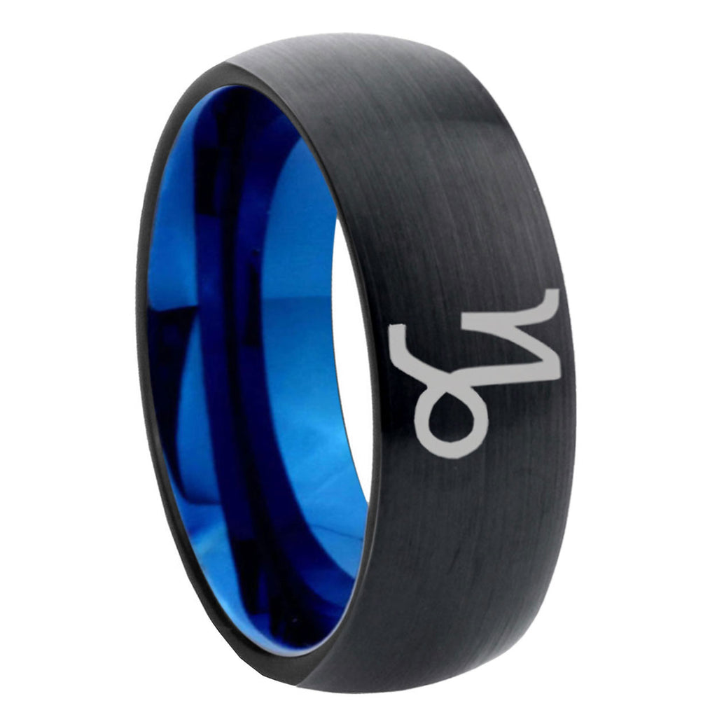 8mm Capricorn Zodiac Two-Tone Classic Dome Black Blue Tungsten Engraved Ring