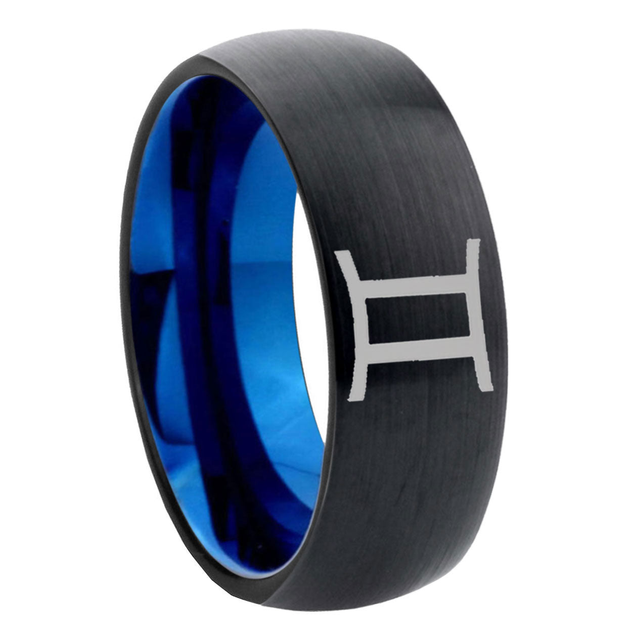 8mm Gemini Zodiac Two-Tone Classic Dome Black Blue Tungsten Engraved Ring