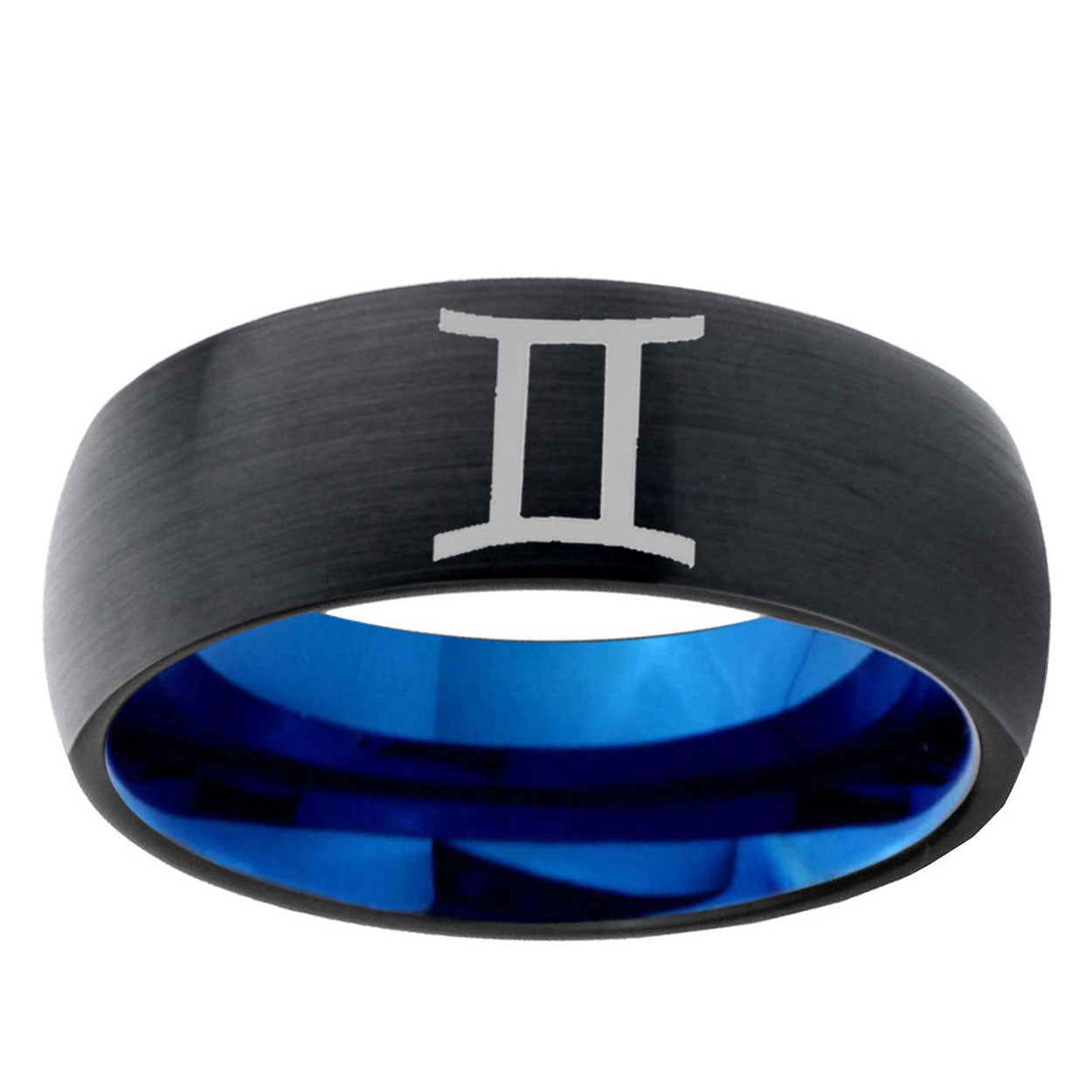 5mm Gemini Zodiac Two-Tone Classic Dome Black Blue Tungsten Engraved Ring