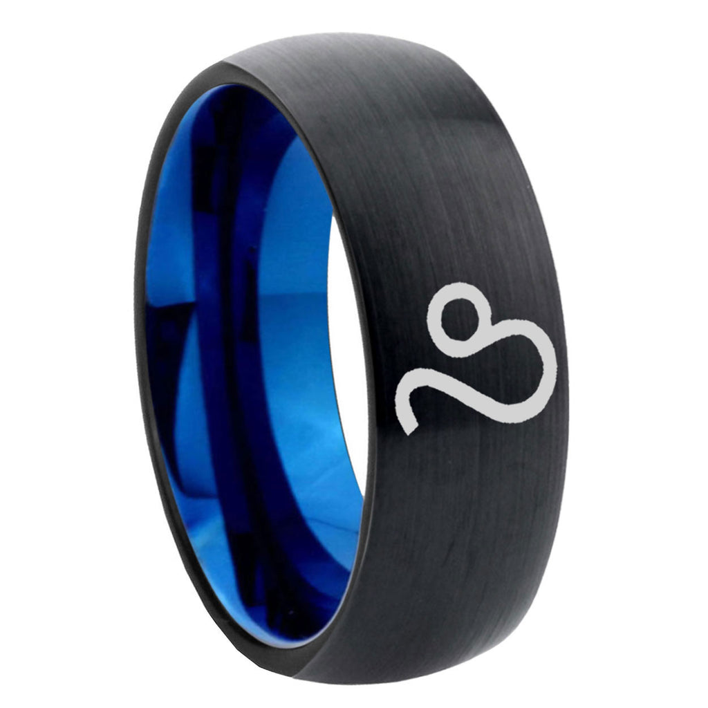 8mm Leo Zodiac Two-Tone Classic Dome Black Blue Tungsten Engraved Ring