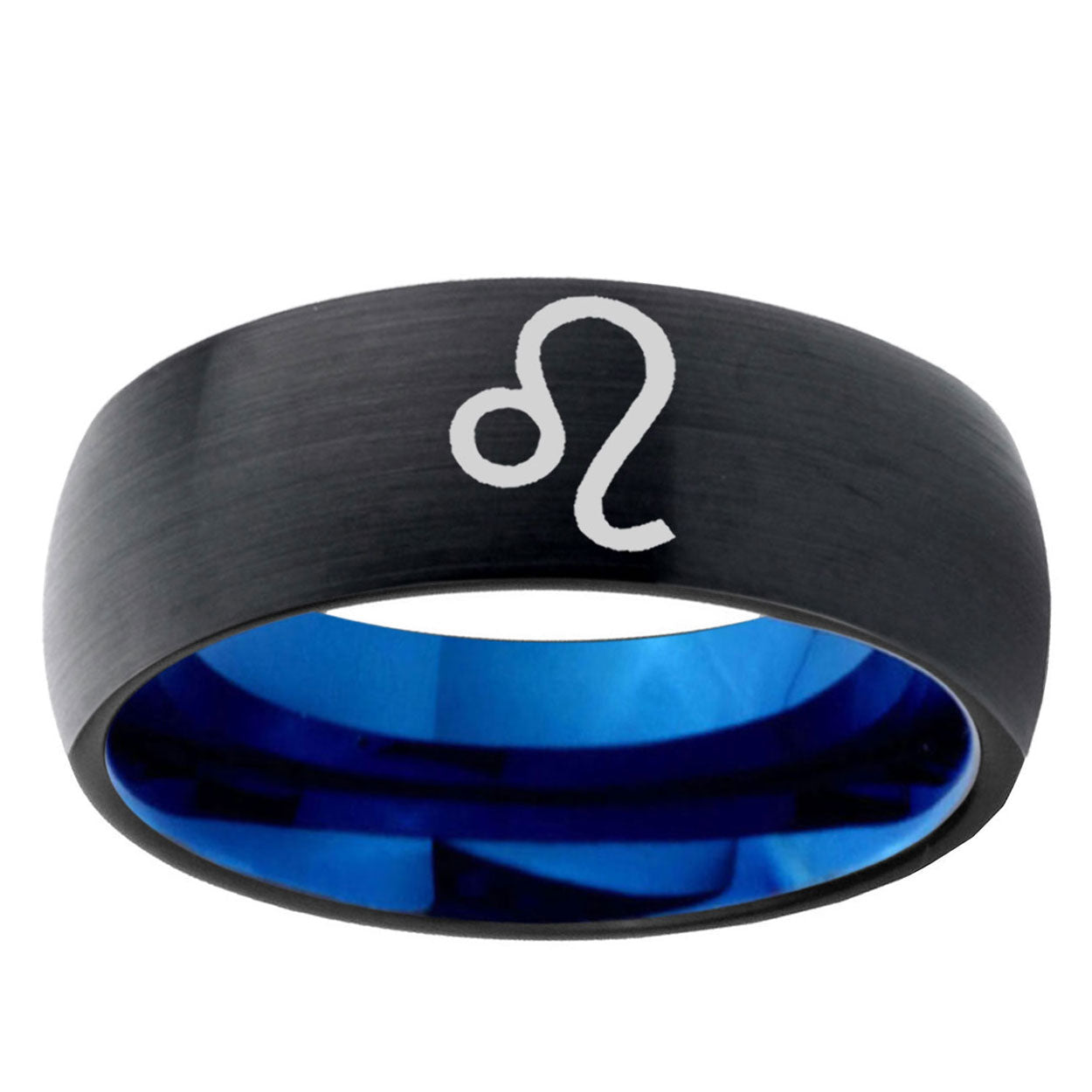 5mm Leo Zodiac Two-Tone Classic Dome Black Blue Tungsten Engraved Ring