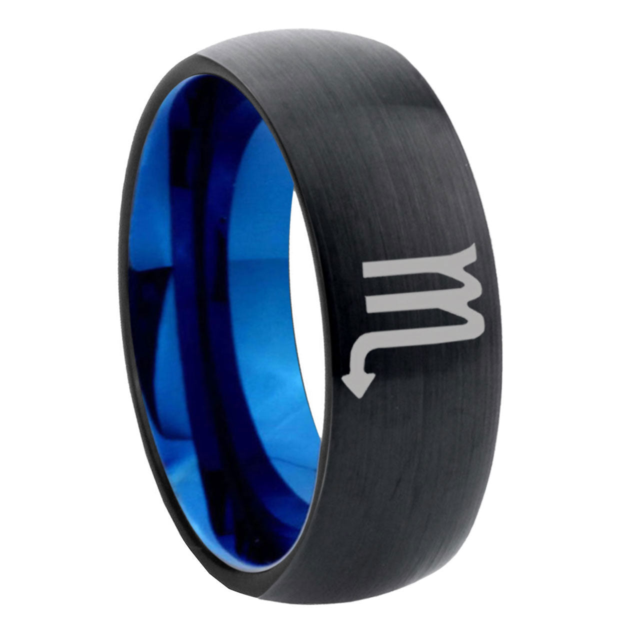 8mm Scorpio Horoscope Two-Tone Classic Dome Black Blue Tungsten Engraved Ring